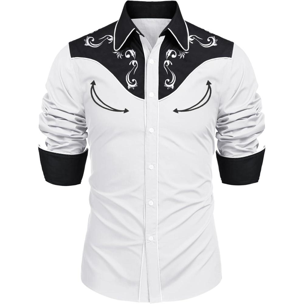 imageCOOFANDY Mens Western Cowboy Shirt Embroidered Button Down Long Sleeve ShirtsCotton Whiteblack