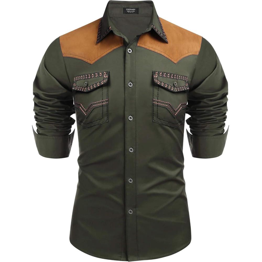 imageCOOFANDY Mens Western Cowboy Shirt Embroidered Long Sleeve Slim Fit Casual Cotton Button Down Hippie Shirts with PocketsArmy Green