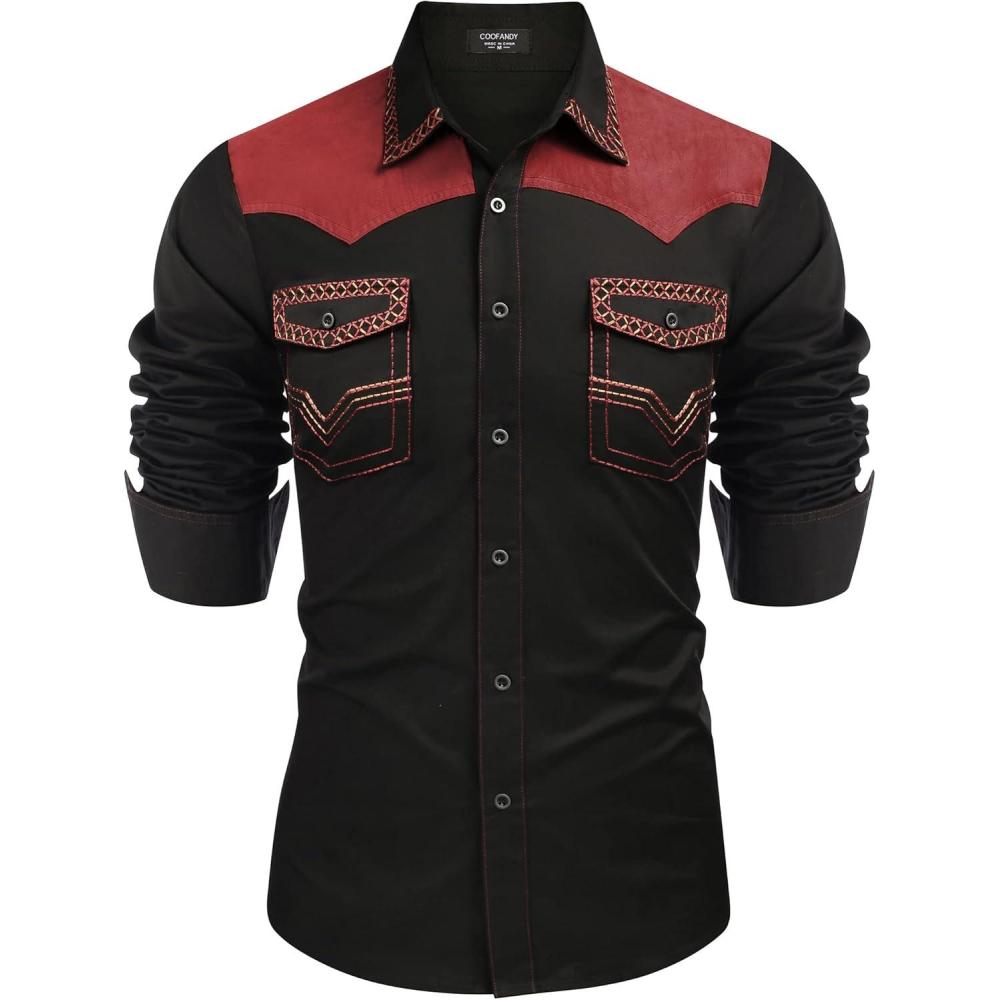 imageCOOFANDY Mens Western Cowboy Shirt Embroidered Long Sleeve Slim Fit Casual Cotton Button Down Hippie Shirts with PocketsBlack  Red