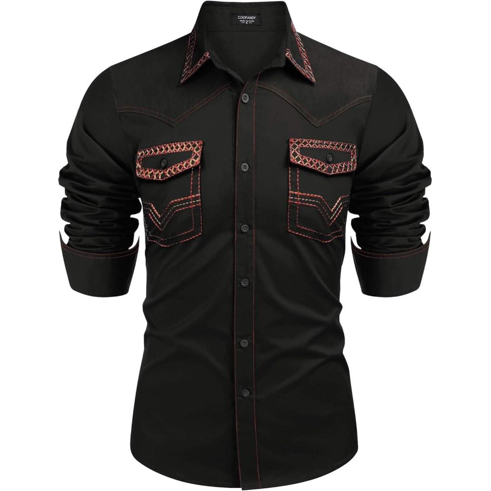 imageCOOFANDY Mens Western Cowboy Shirt Embroidered Long Sleeve Slim Fit Casual Cotton Button Down Hippie Shirts with PocketsBlack 2