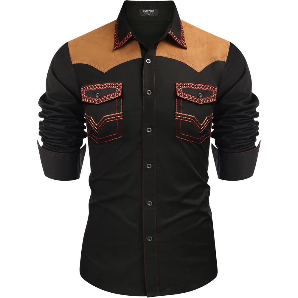 imageCOOFANDY Mens Western Cowboy Shirt Embroidered Long Sleeve Slim Fit Casual Cotton Button Down Hippie Shirts with PocketsBlack
