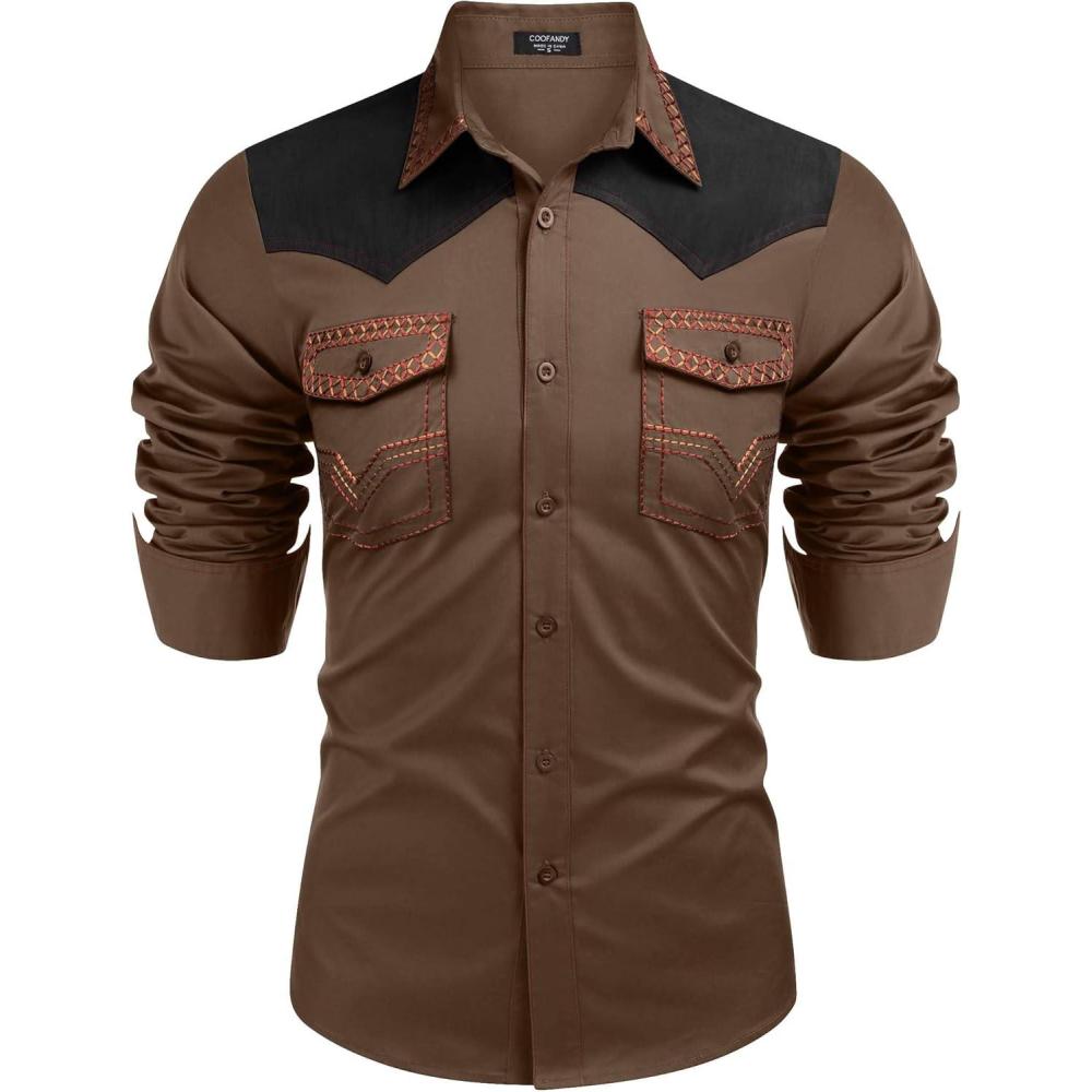 imageCOOFANDY Mens Western Cowboy Shirt Embroidered Long Sleeve Slim Fit Casual Cotton Button Down Hippie Shirts with PocketsBrown  Black