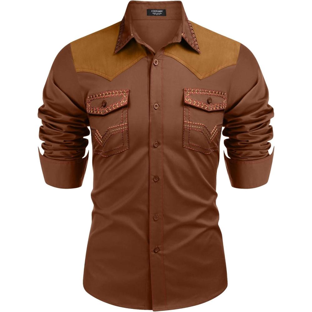 imageCOOFANDY Mens Western Cowboy Shirt Embroidered Long Sleeve Slim Fit Casual Cotton Button Down Hippie Shirts with PocketsCoffee