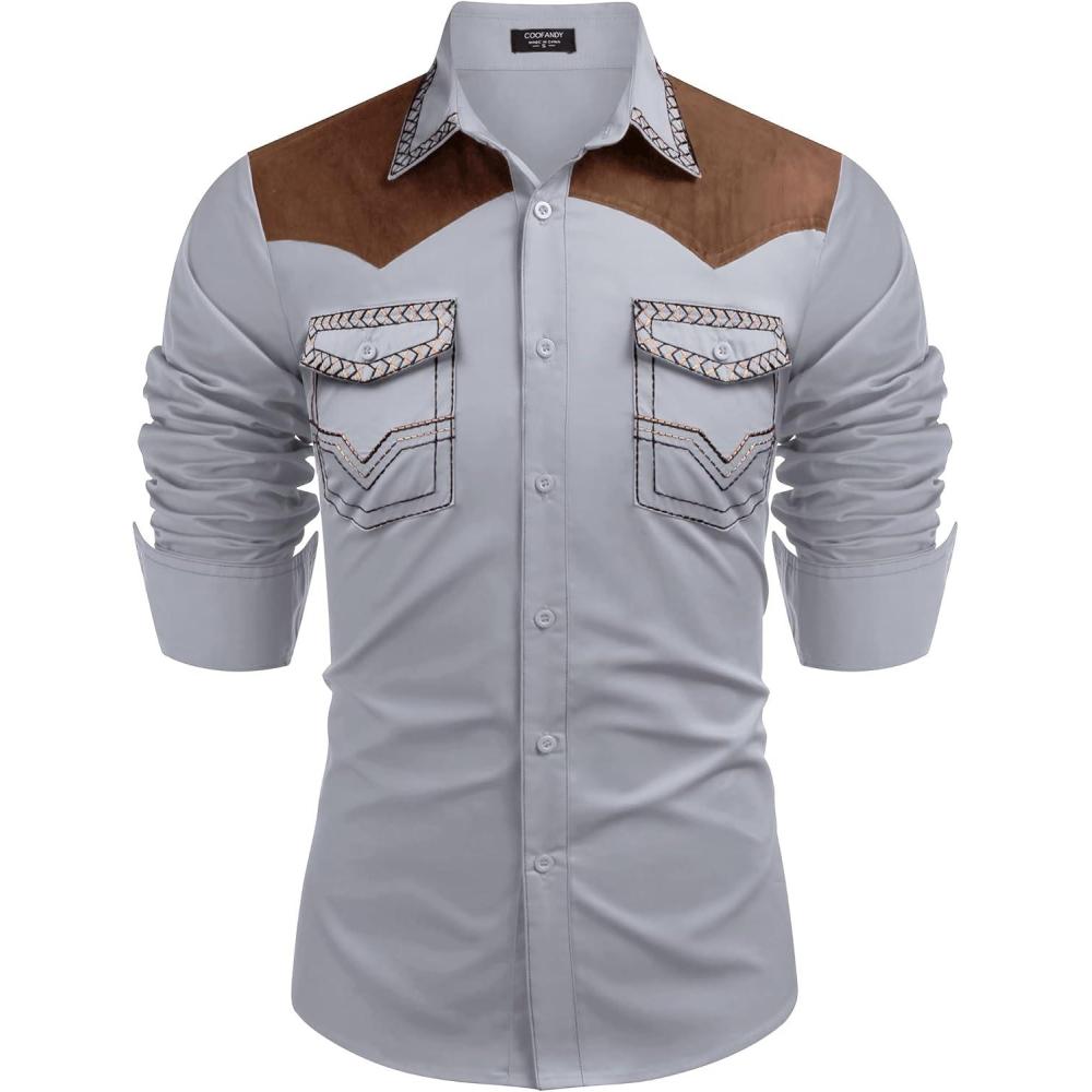 imageCOOFANDY Mens Western Cowboy Shirt Embroidered Long Sleeve Slim Fit Casual Cotton Button Down Hippie Shirts with PocketsGrey