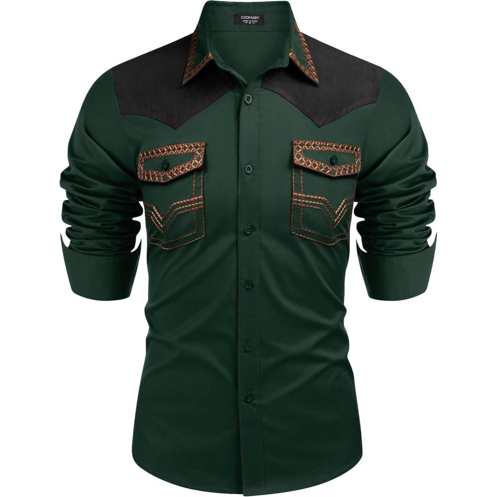 imageCOOFANDY Mens Western Cowboy Shirt Embroidered Long Sleeve Slim Fit Casual Cotton Button Down Hippie Shirts with PocketsLake Green
