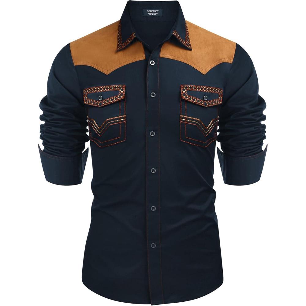 imageCOOFANDY Mens Western Cowboy Shirt Embroidered Long Sleeve Slim Fit Casual Cotton Button Down Hippie Shirts with PocketsNavy Blue
