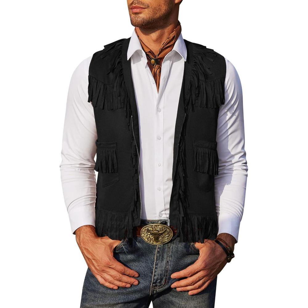 imageCOOFANDY Mens Western Cowboy Vest Casual Fringe Hippie Costume V Neck Zipper Suede Leather WaistcoatBlack