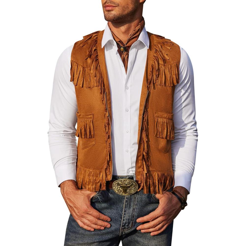 imageCOOFANDY Mens Western Cowboy Vest Casual Fringe Hippie Costume V Neck Zipper Suede Leather WaistcoatBrown