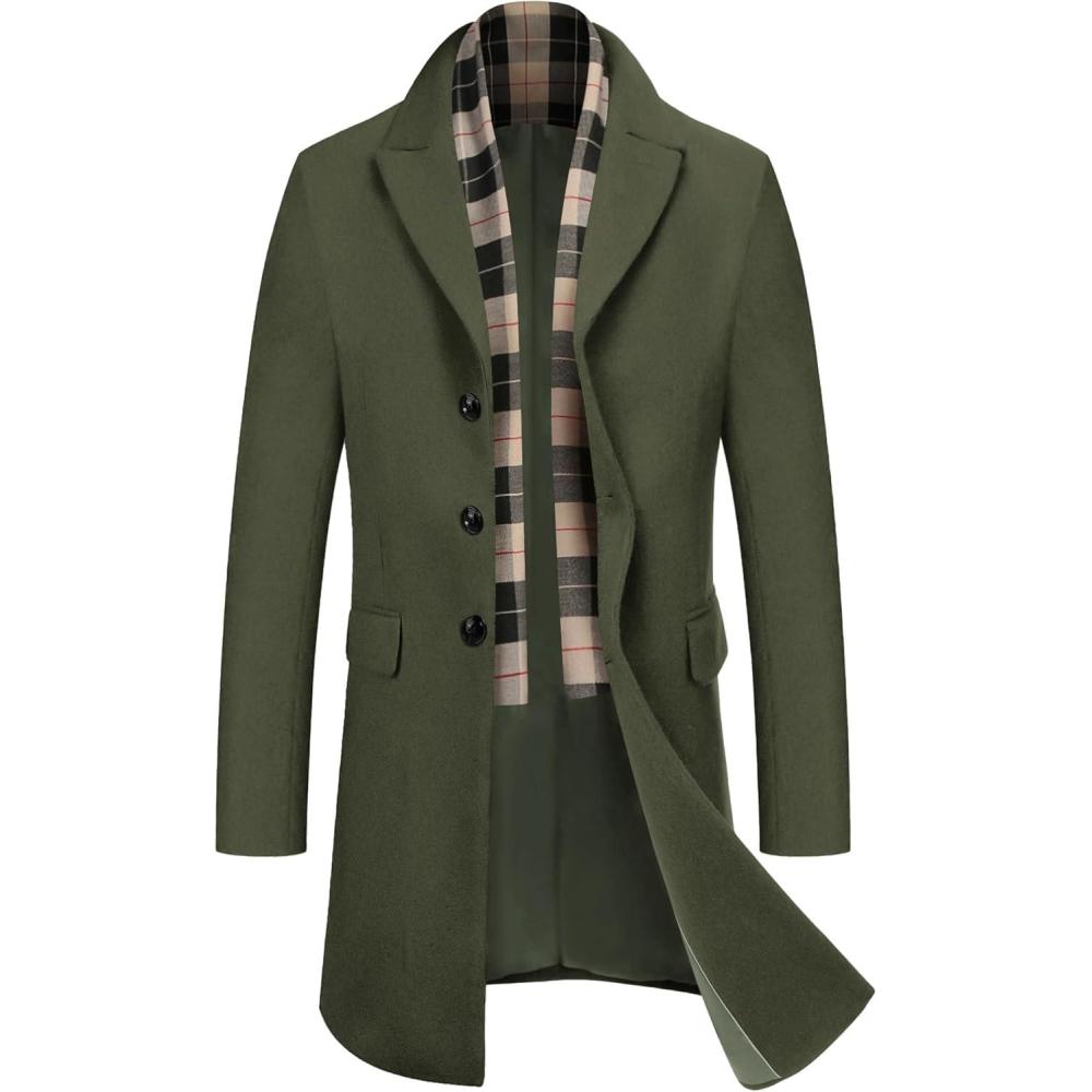 imageCOOFANDY Mens Wool Blend Coat with Detachable Plaid Scarfs Notched Collar Single Breasted Pea Coat Trench Overcoat2army Green