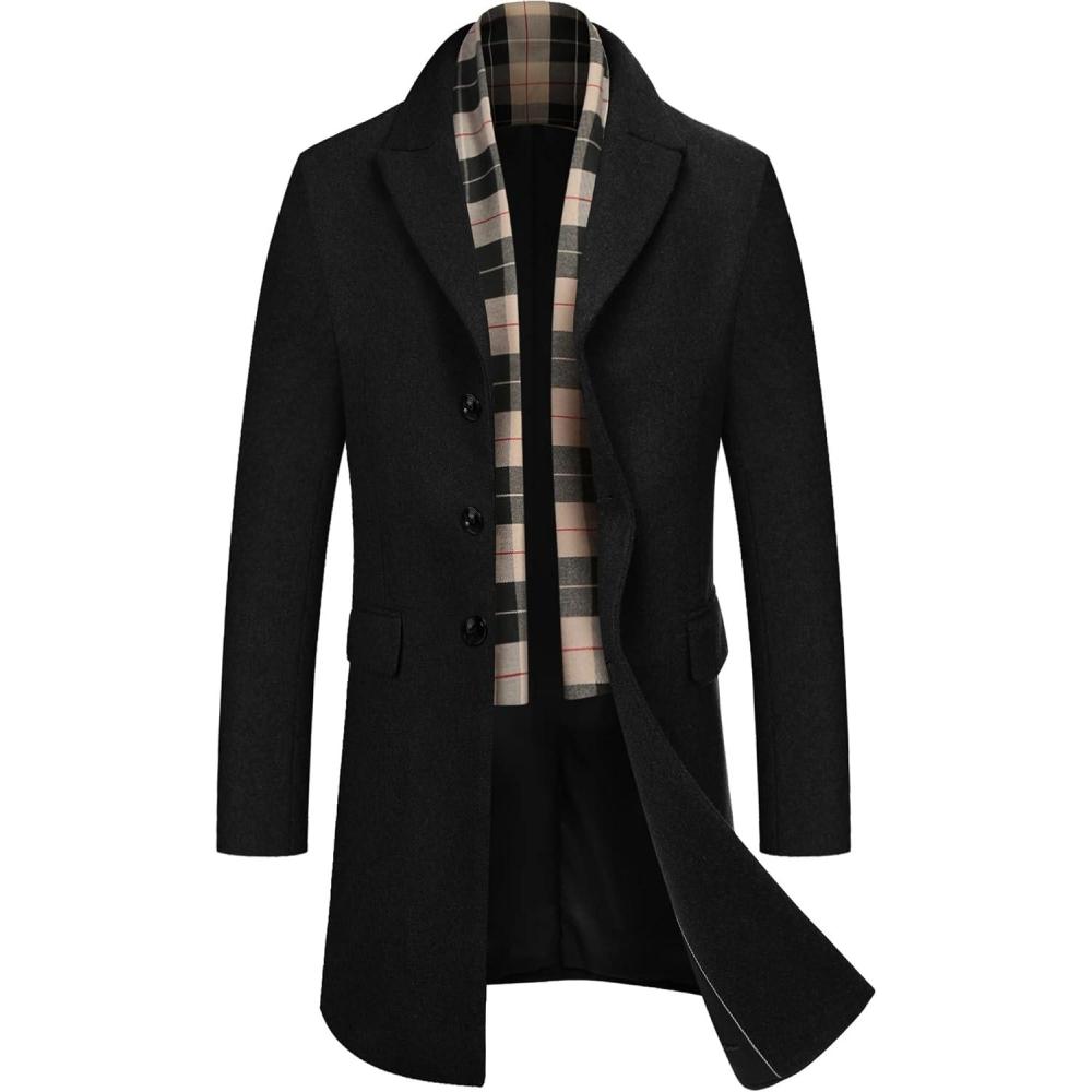 imageCOOFANDY Mens Wool Blend Coat with Detachable Plaid Scarfs Notched Collar Single Breasted Pea Coat Trench OvercoatAblack