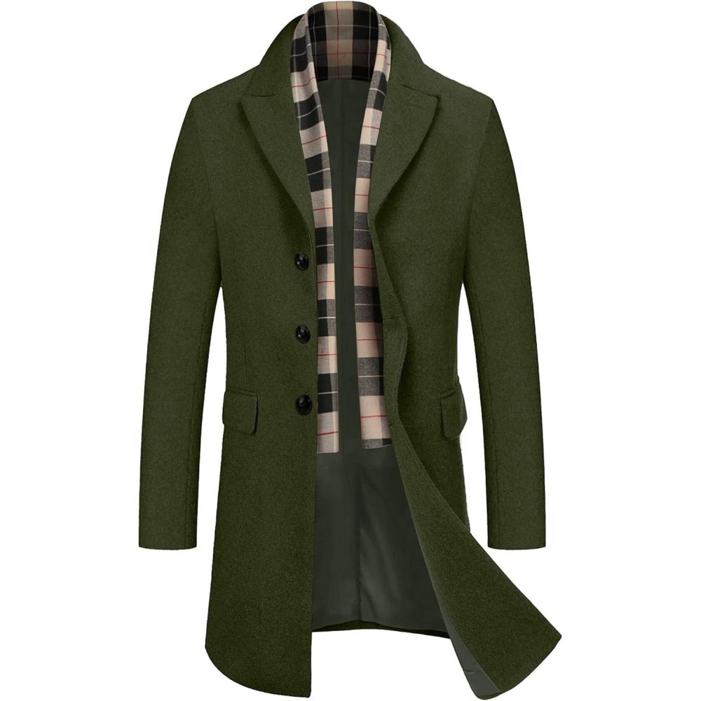 imageCOOFANDY Mens Wool Blend Coat with Detachable Plaid Scarfs Notched Collar Single Breasted Pea Coat Trench OvercoatArmy Green