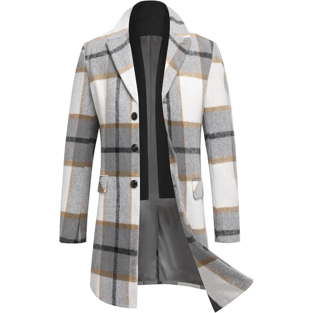 imageCOOFANDY Mens Wool Blend Coat with Detachable Plaid Scarfs Notched Collar Single Breasted Pea Coat Trench OvercoatBbrown Plaid