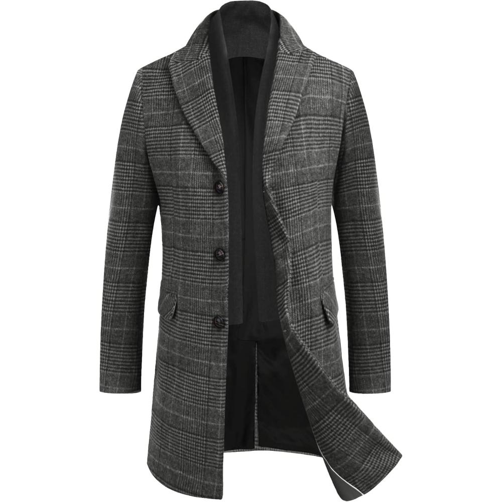 imageCOOFANDY Mens Wool Blend Coat with Detachable Plaid Scarfs Notched Collar Single Breasted Pea Coat Trench OvercoatBlack Plaid