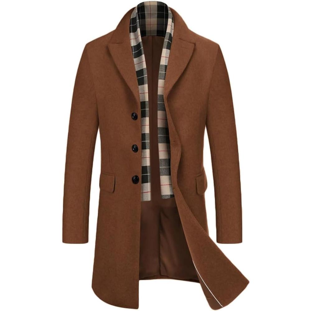 imageCOOFANDY Mens Wool Blend Coat with Detachable Plaid Scarfs Notched Collar Single Breasted Pea Coat Trench OvercoatBrown