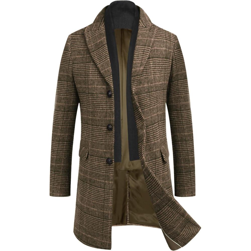 imageCOOFANDY Mens Wool Blend Coat with Detachable Plaid Scarfs Notched Collar Single Breasted Pea Coat Trench OvercoatBrown Plaid