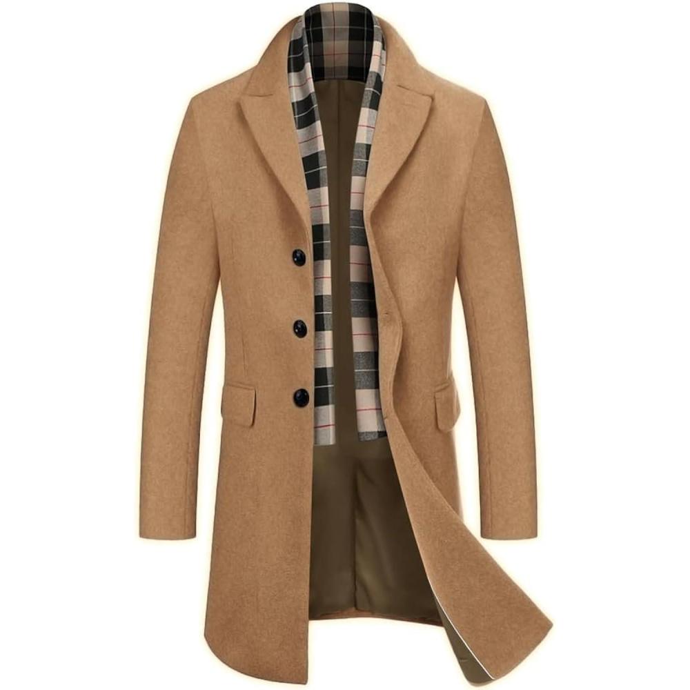 imageCOOFANDY Mens Wool Blend Coat with Detachable Plaid Scarfs Notched Collar Single Breasted Pea Coat Trench OvercoatCoffee