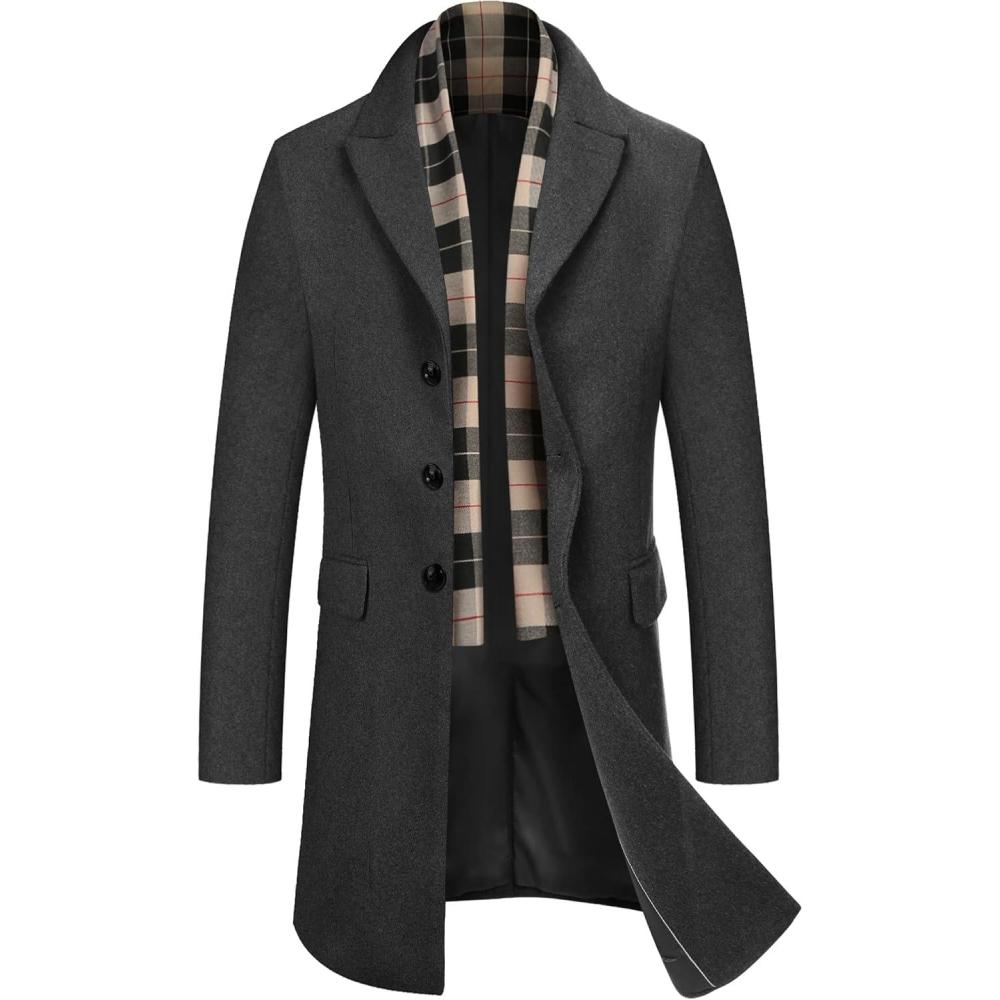 imageCOOFANDY Mens Wool Blend Coat with Detachable Plaid Scarfs Notched Collar Single Breasted Pea Coat Trench OvercoatGrey