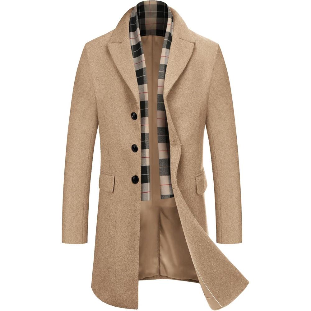 imageCOOFANDY Mens Wool Blend Coat with Detachable Plaid Scarfs Notched Collar Single Breasted Pea Coat Trench OvercoatKhaki
