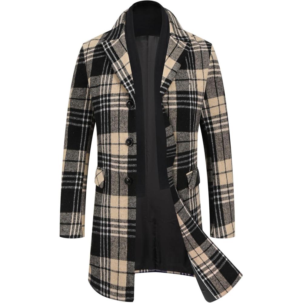 imageCOOFANDY Mens Wool Blend Coat with Detachable Plaid Scarfs Notched Collar Single Breasted Pea Coat Trench OvercoatKhaki Plaid