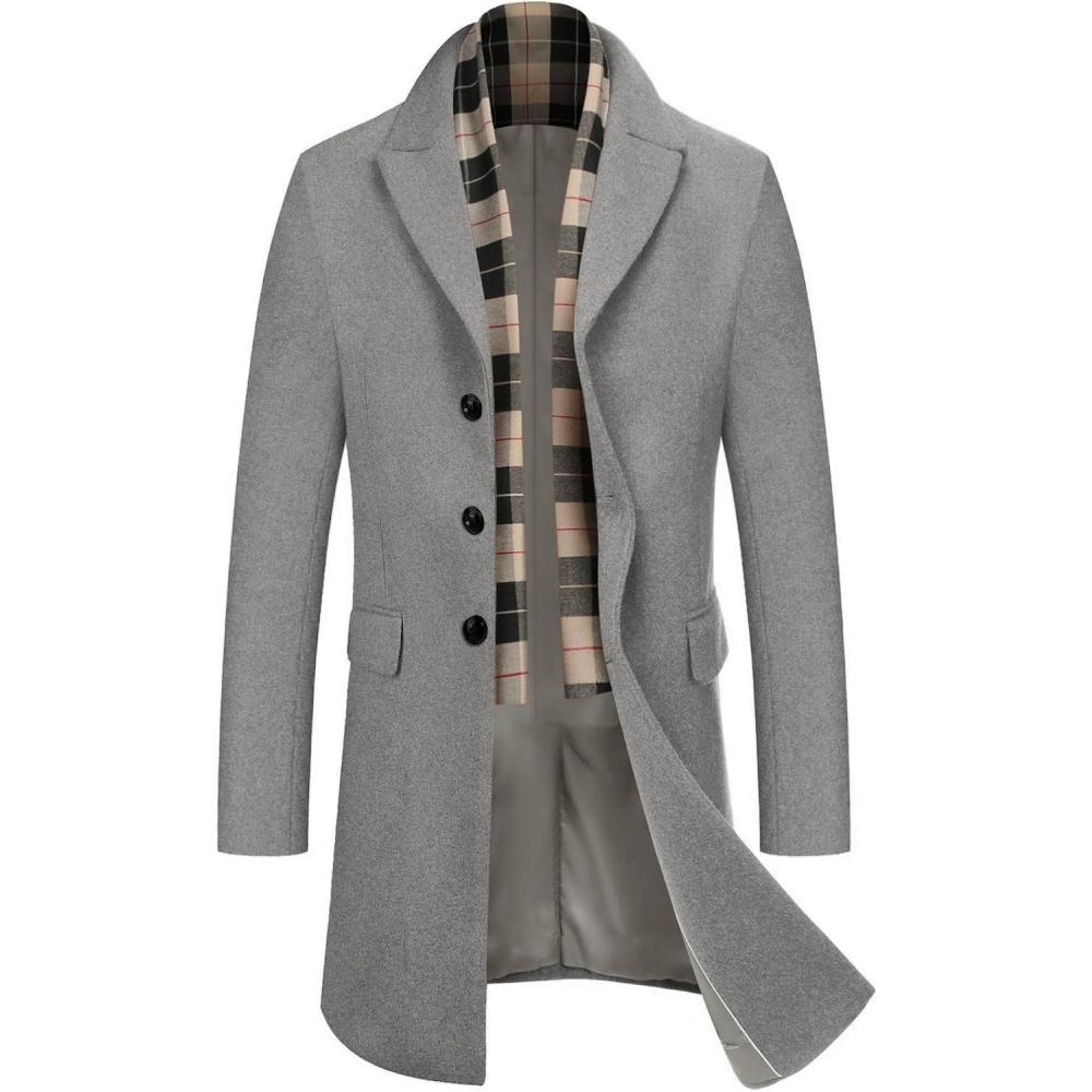imageCOOFANDY Mens Wool Blend Coat with Detachable Plaid Scarfs Notched Collar Single Breasted Pea Coat Trench OvercoatLight Grey