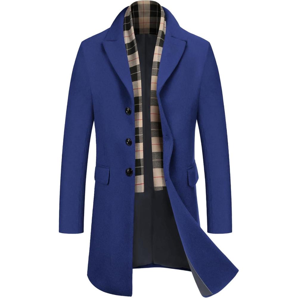 imageCOOFANDY Mens Wool Blend Coat with Detachable Plaid Scarfs Notched Collar Single Breasted Pea Coat Trench OvercoatNavy