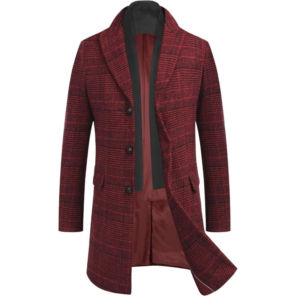 imageCOOFANDY Mens Wool Blend Coat with Detachable Plaid Scarfs Notched Collar Single Breasted Pea Coat Trench OvercoatRed Plaid