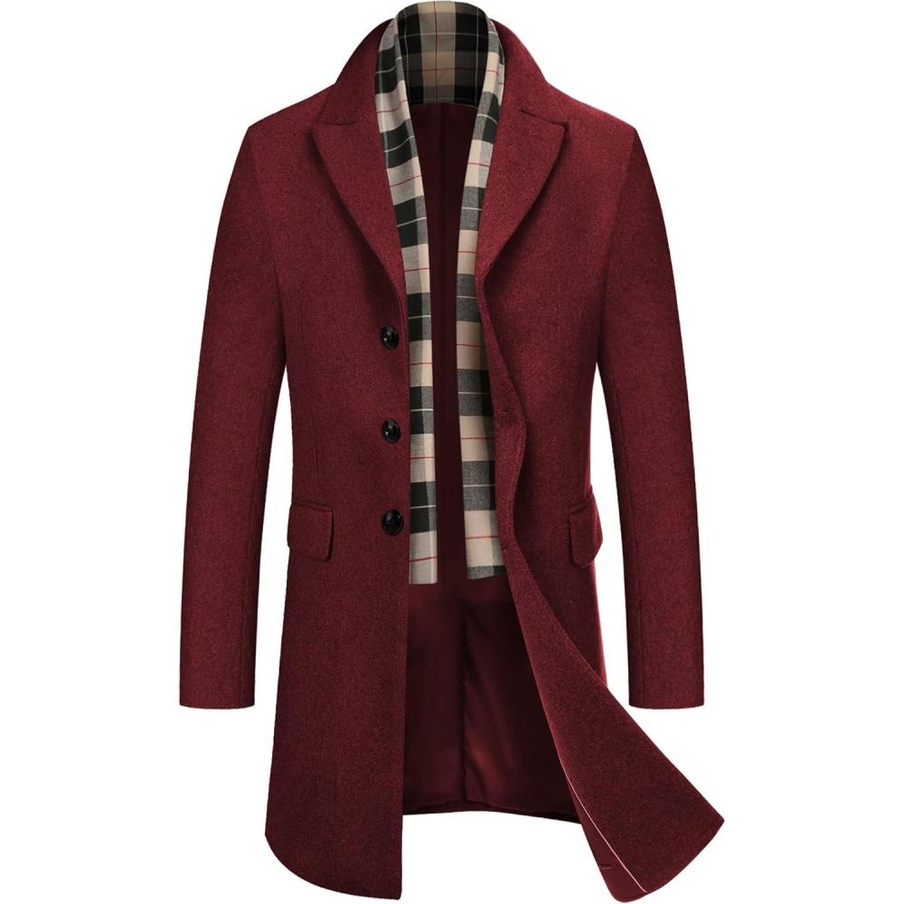 imageCOOFANDY Mens Wool Blend Coat with Detachable Plaid Scarfs Notched Collar Single Breasted Pea Coat Trench OvercoatWine Red