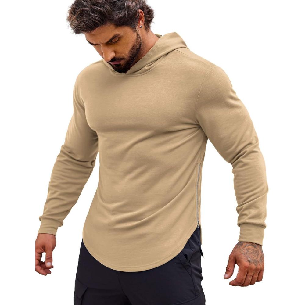 imageCOOFANDY Mens Workout Sweatshirts Long Sleeve Muscle Fit Athletic Gym Hoodies PulloverKhaki
