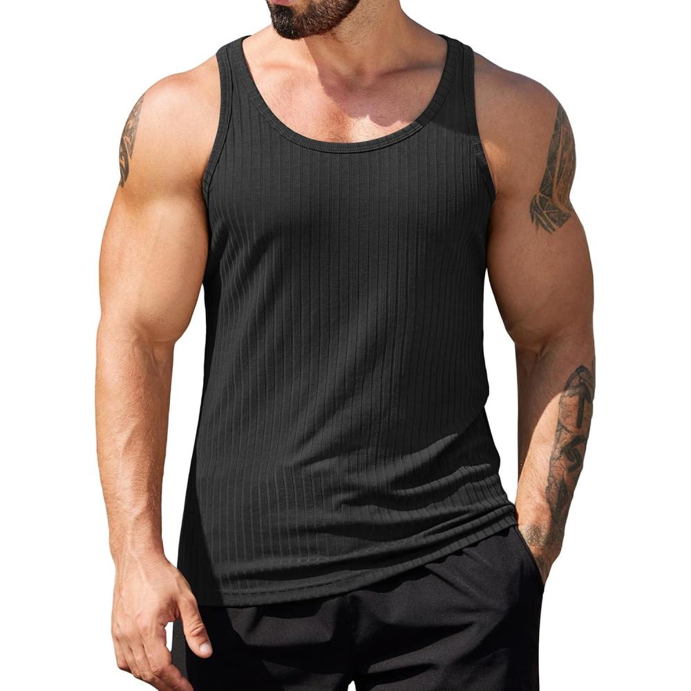 imageCOOFANDY Mens Workout Tank Top Ribbed Knit Sleeveless Gym Muscle T Shirts Bodybuilding TeeBlack1 Pcs