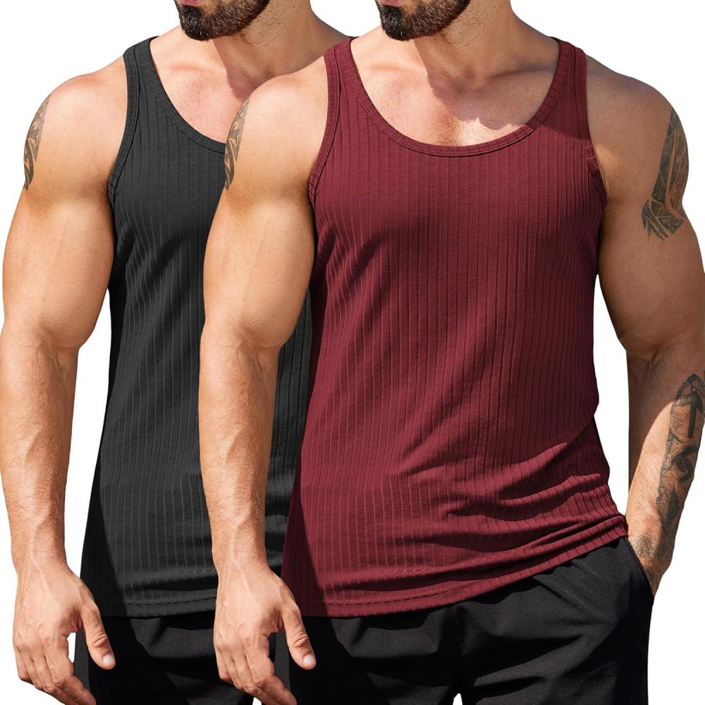 imageCOOFANDY Mens Workout Tank Top Ribbed Knit Sleeveless Gym Muscle T Shirts Bodybuilding TeeBlackRed 2 Pcs