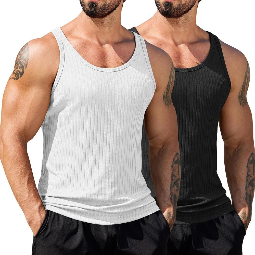 imageCOOFANDY Mens Workout Tank Top Ribbed Knit Sleeveless Gym Muscle T Shirts Bodybuilding TeeBlackWhite 2 Pcs