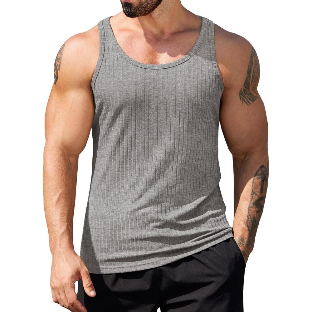 imageCOOFANDY Mens Workout Tank Top Ribbed Knit Sleeveless Gym Muscle T Shirts Bodybuilding TeeMedium Grey1 Pcs