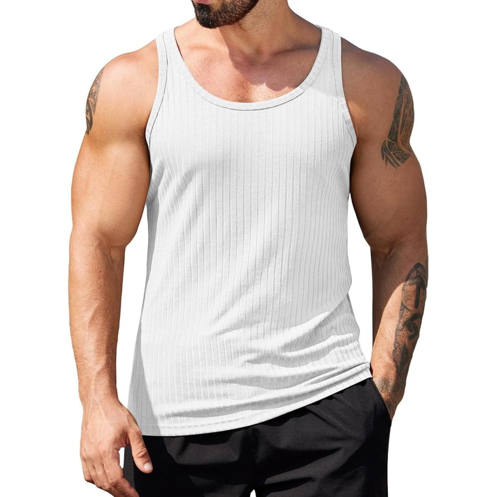 imageCOOFANDY Mens Workout Tank Top Ribbed Knit Sleeveless Gym Muscle T Shirts Bodybuilding TeeWhite1 Pcs