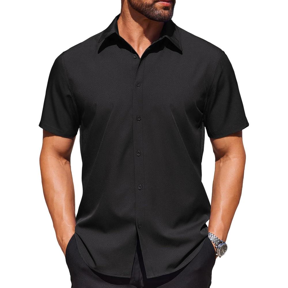 imageCOOFANDY Mens Wrinkle Free Dress Shirt Polka Dot Short Sleeve Button Down Business Casual ShirtsBlack