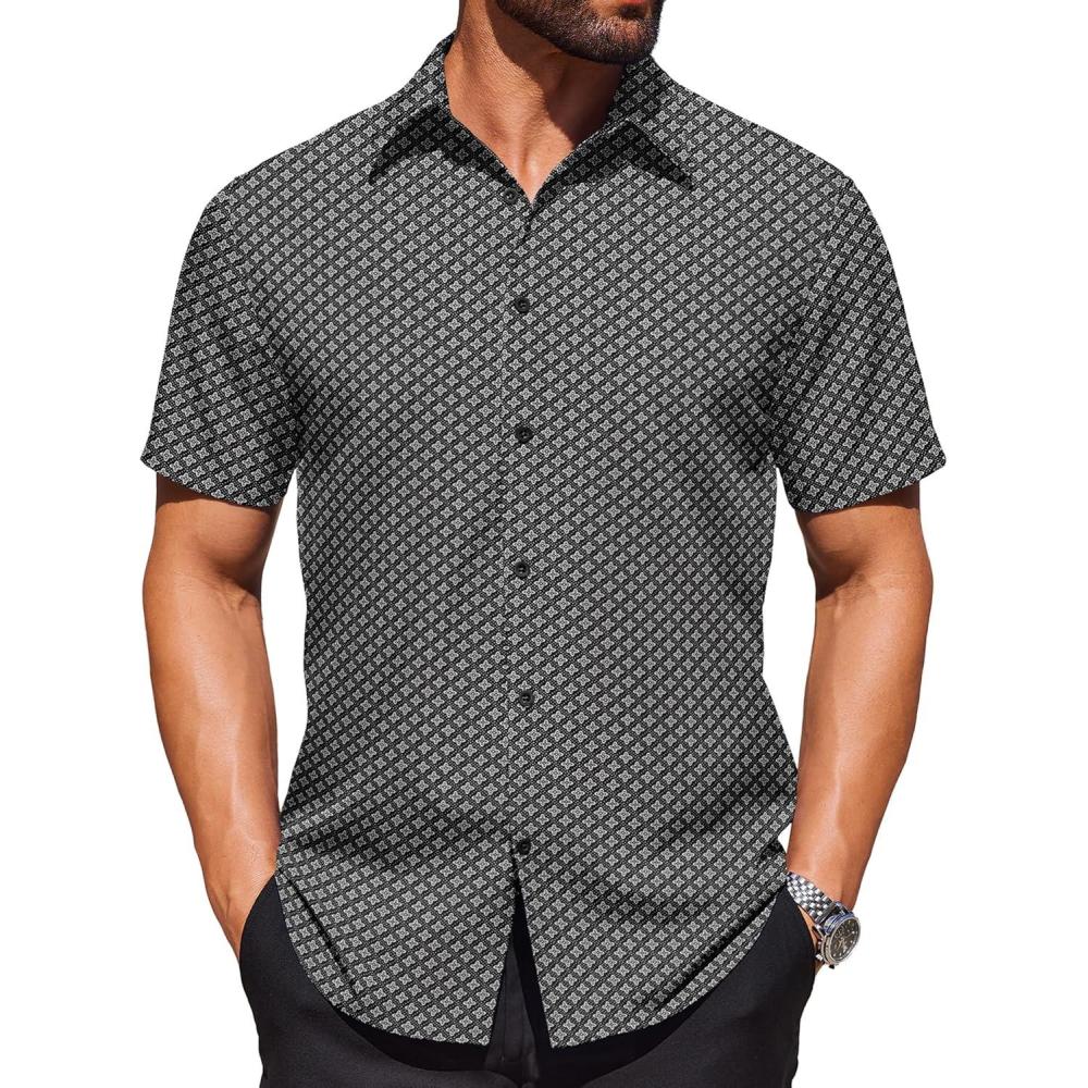 imageCOOFANDY Mens Wrinkle Free Dress Shirt Polka Dot Short Sleeve Button Down Business Casual ShirtsBlack Greysquare