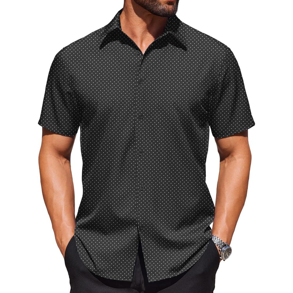imageCOOFANDY Mens Wrinkle Free Dress Shirt Polka Dot Short Sleeve Button Down Business Casual ShirtsBlackpolka Dots