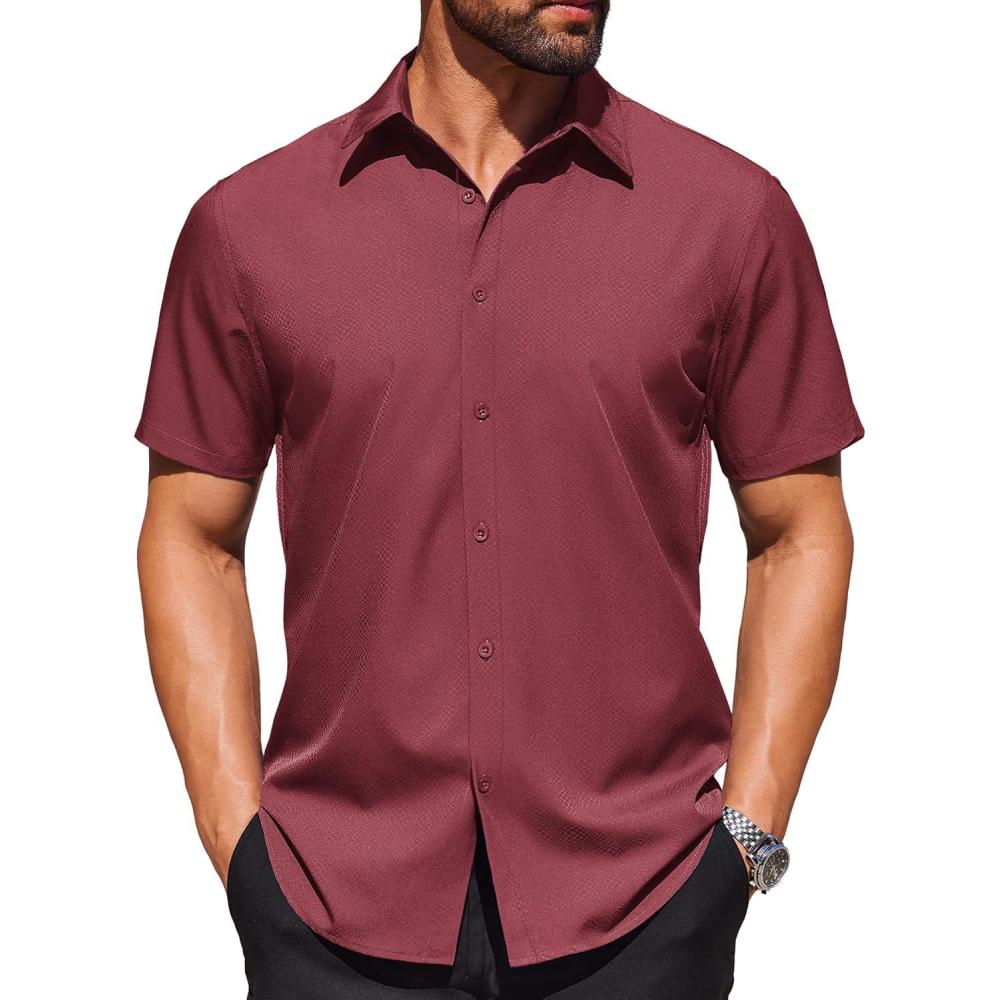 imageCOOFANDY Mens Wrinkle Free Dress Shirt Polka Dot Short Sleeve Button Down Business Casual ShirtsBurgundy