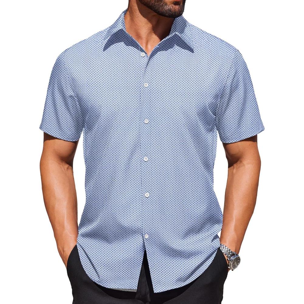 imageCOOFANDY Mens Wrinkle Free Dress Shirt Polka Dot Short Sleeve Button Down Business Casual ShirtsLight Bluesquare