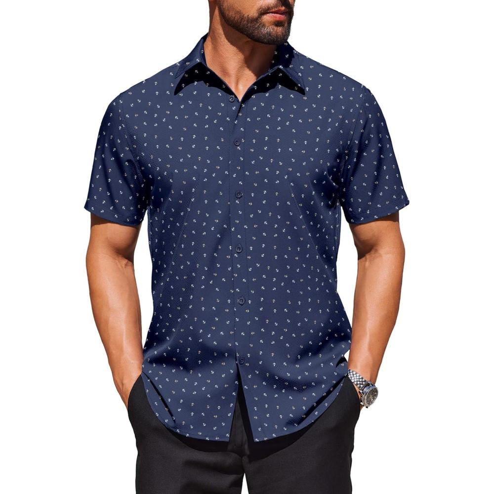 imageCOOFANDY Mens Wrinkle Free Dress Shirt Polka Dot Short Sleeve Button Down Business Casual ShirtsNavy Blueanchor
