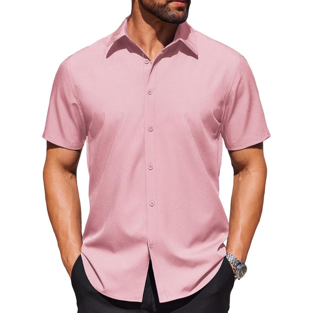 imageCOOFANDY Mens Wrinkle Free Dress Shirt Polka Dot Short Sleeve Button Down Business Casual ShirtsPink