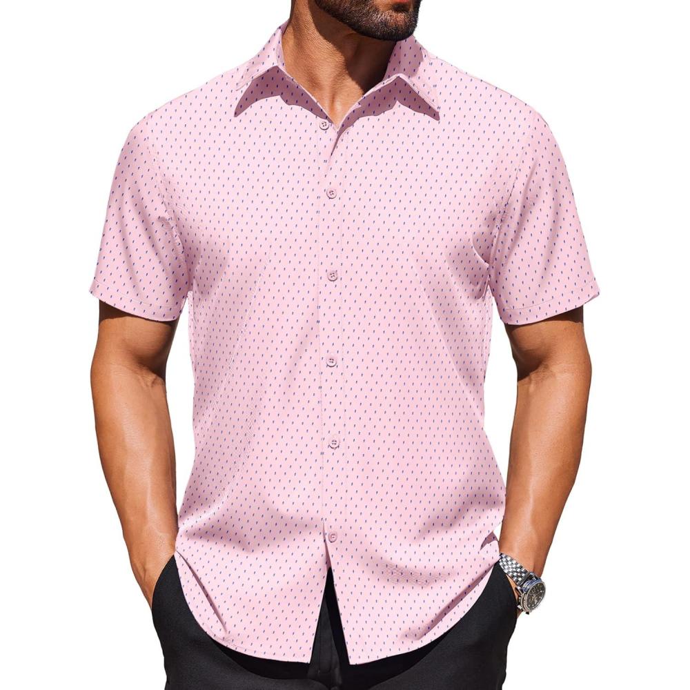 imageCOOFANDY Mens Wrinkle Free Dress Shirt Polka Dot Short Sleeve Button Down Business Casual ShirtsPinksymbol