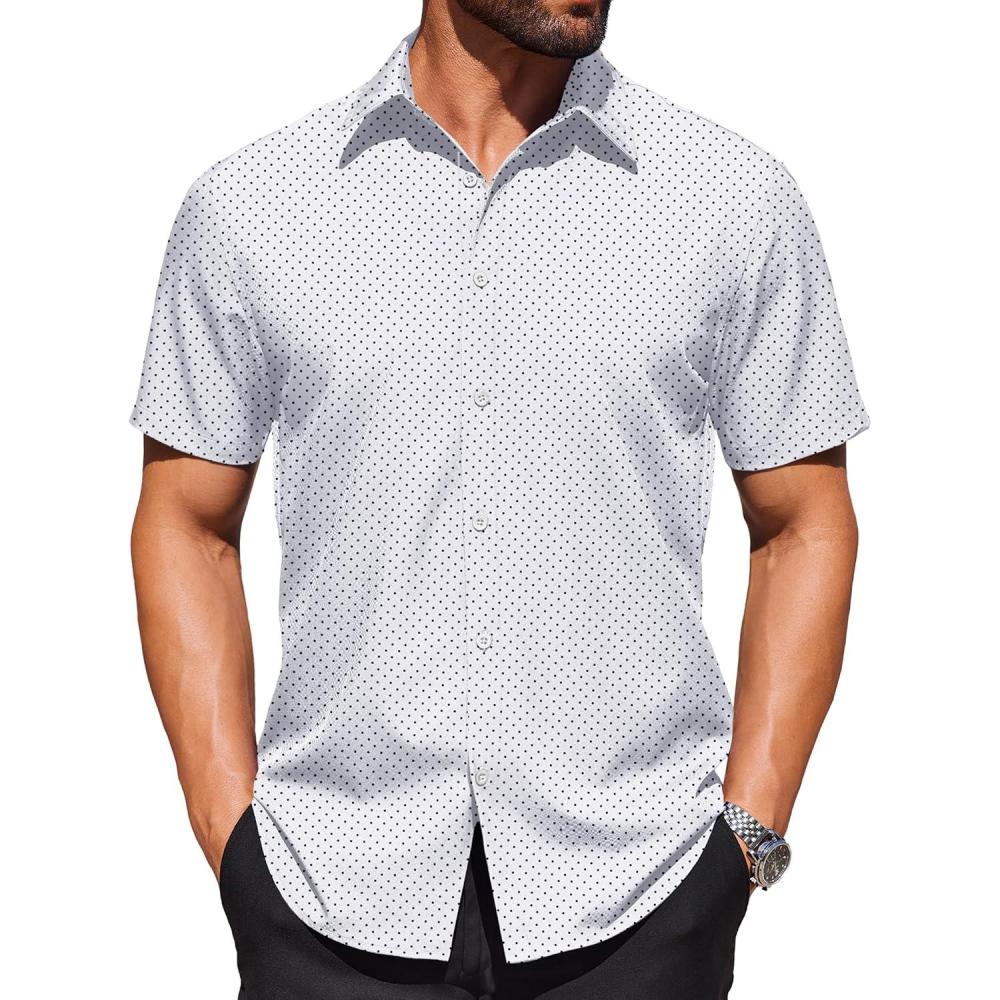 imageCOOFANDY Mens Wrinkle Free Dress Shirt Polka Dot Short Sleeve Button Down Business Casual ShirtsWhitepolka Dots