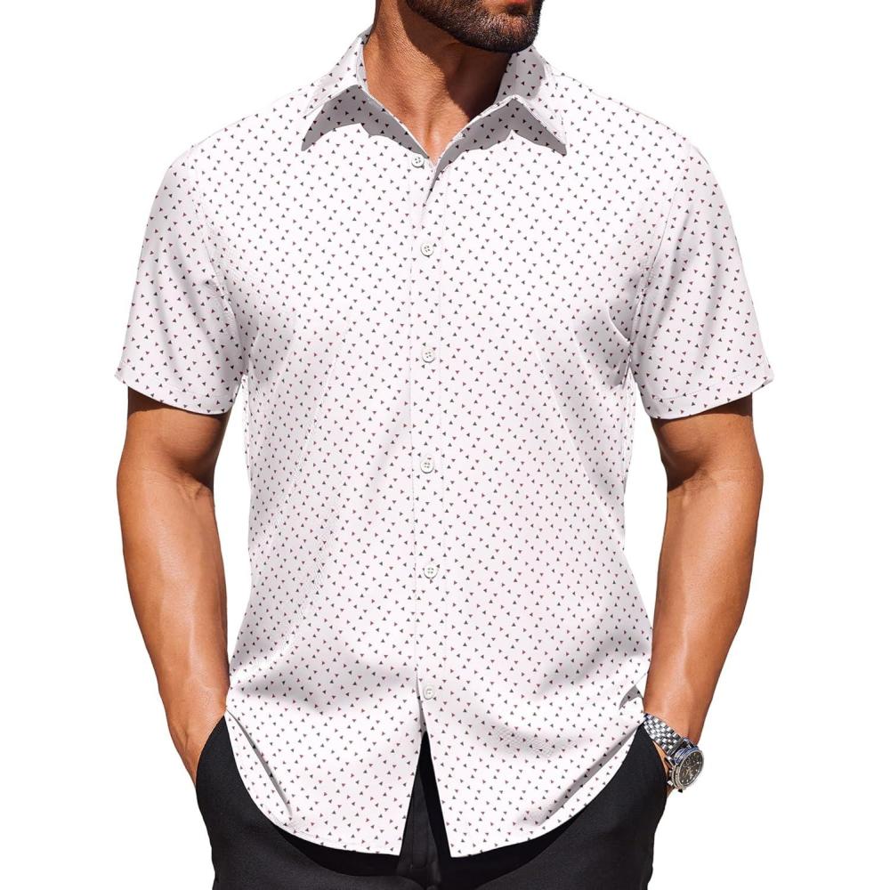 imageCOOFANDY Mens Wrinkle Free Dress Shirt Polka Dot Short Sleeve Button Down Business Casual ShirtsWhitetriangle
