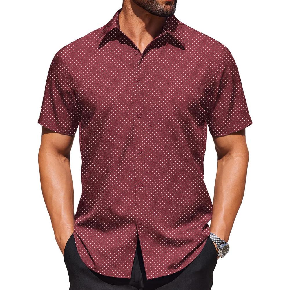 imageCOOFANDY Mens Wrinkle Free Dress Shirt Polka Dot Short Sleeve Button Down Business Casual ShirtsWine Redpolka Dots