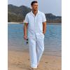 COOFANDY Men 2 Piece Linen Outfit Beach Button Down Shirt Casual Loose Pant Sets(Clear Blue)