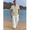COOFANDY Men 2 Piece Linen Outfit Beach Button Down Shirt Casual Loose Pant Sets(Green Floral Shirt/White Pants)