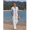 COOFANDY Men 2 Piece Linen Outfit Beach Button Down Shirt Casual Loose Pant Sets(Light Blue Patchwork White Shirt/White Pants)