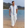 COOFANDY Men 2 Piece Linen Outfit Beach Button Down Shirt Casual Loose Pant Sets(Light Blue Patchwork White Shirt/White Pants)