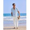 COOFANDY Men 2 Piece Linen Outfit Beach Button Down Shirt Casual Loose Pant Sets(Light Blue Shirt/White Pants)