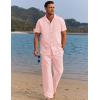 COOFANDY Men 2 Piece Linen Outfit Beach Button Down Shirt Casual Loose Pant Sets(Light Pink)